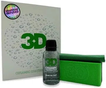 Ceramic coating product set with a bottle, applicator pad, and packaging on a white background.