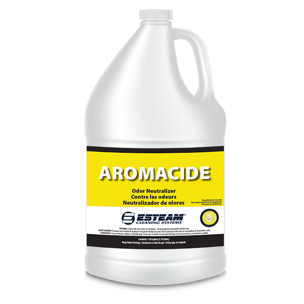 Gallon container of Aromacide odor neutralizer by ESteam Cleaning Systems on a white background