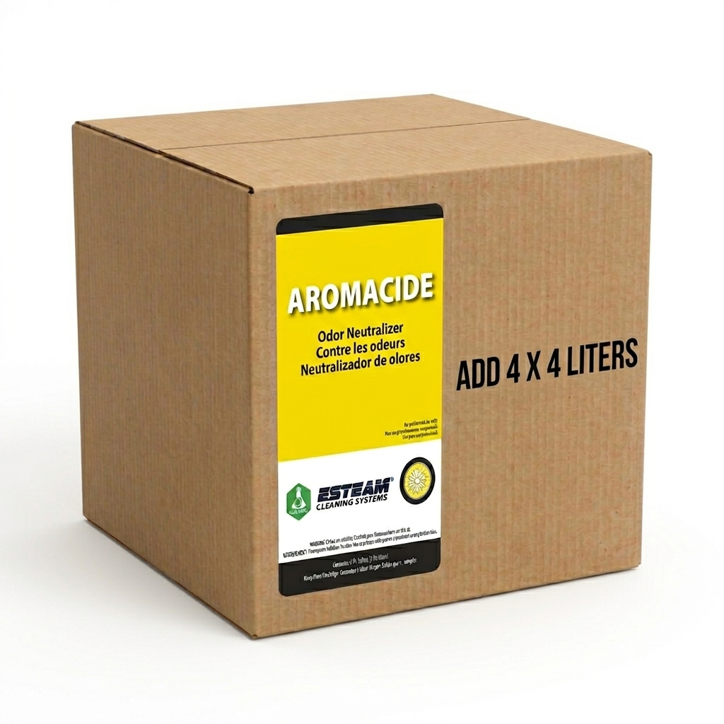 Cardboard box with Aromacide odor neutralizer label on a white background 4 liters and 4 containers inside 