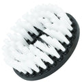 Round cleaning brush with white bristles on a black base against a white background carpet and upholstery brush soft bristle