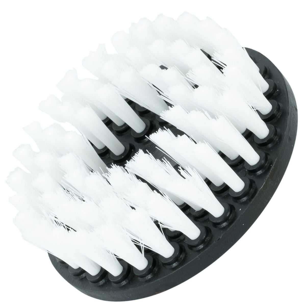 Round cleaning brush with white bristles on a black base against a white background carpet and upholstery brush soft bristle