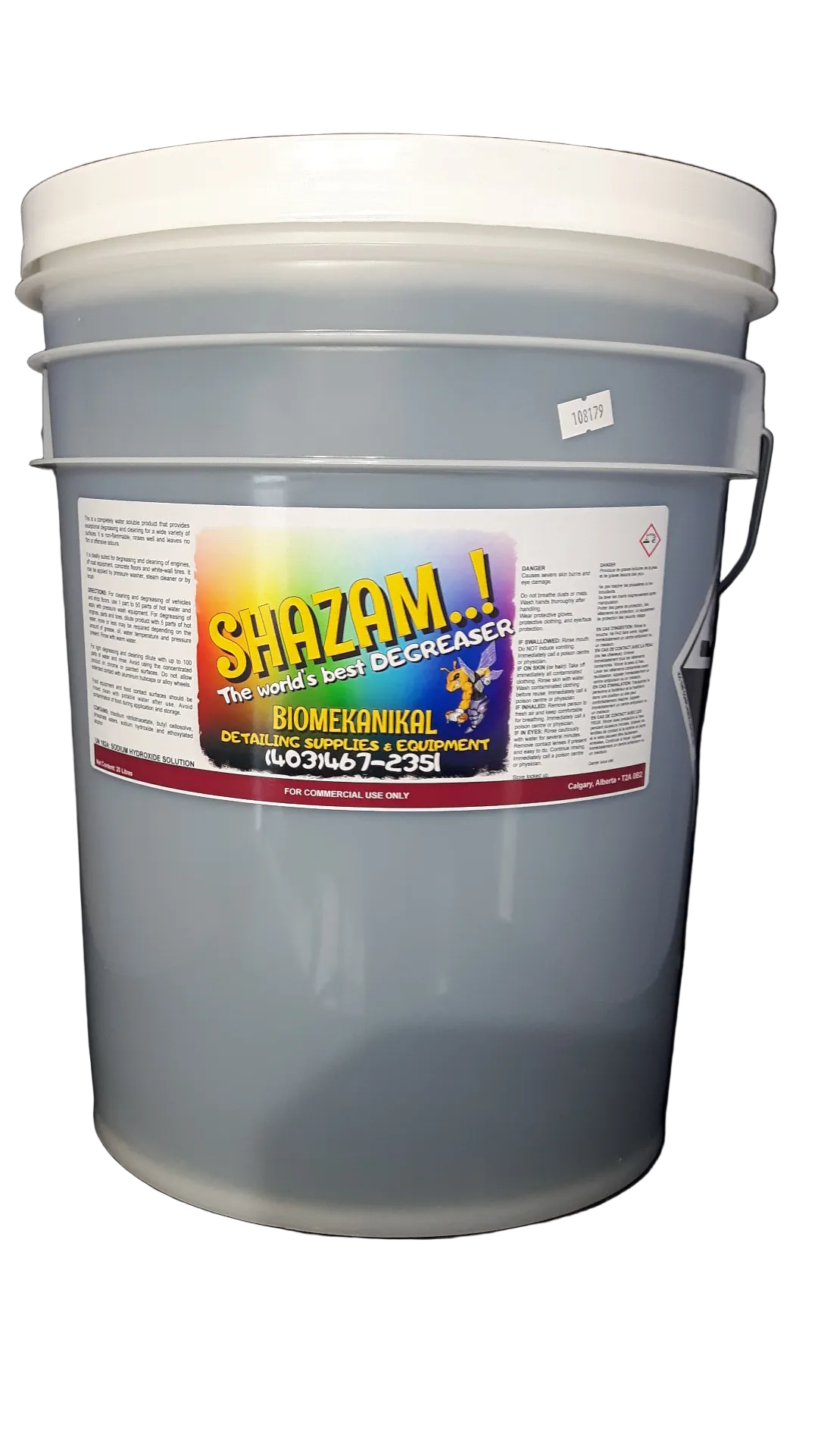 20 liter pail - 5 gallon -of Shazam! Biomekanikal a rainbow colour label on a white background