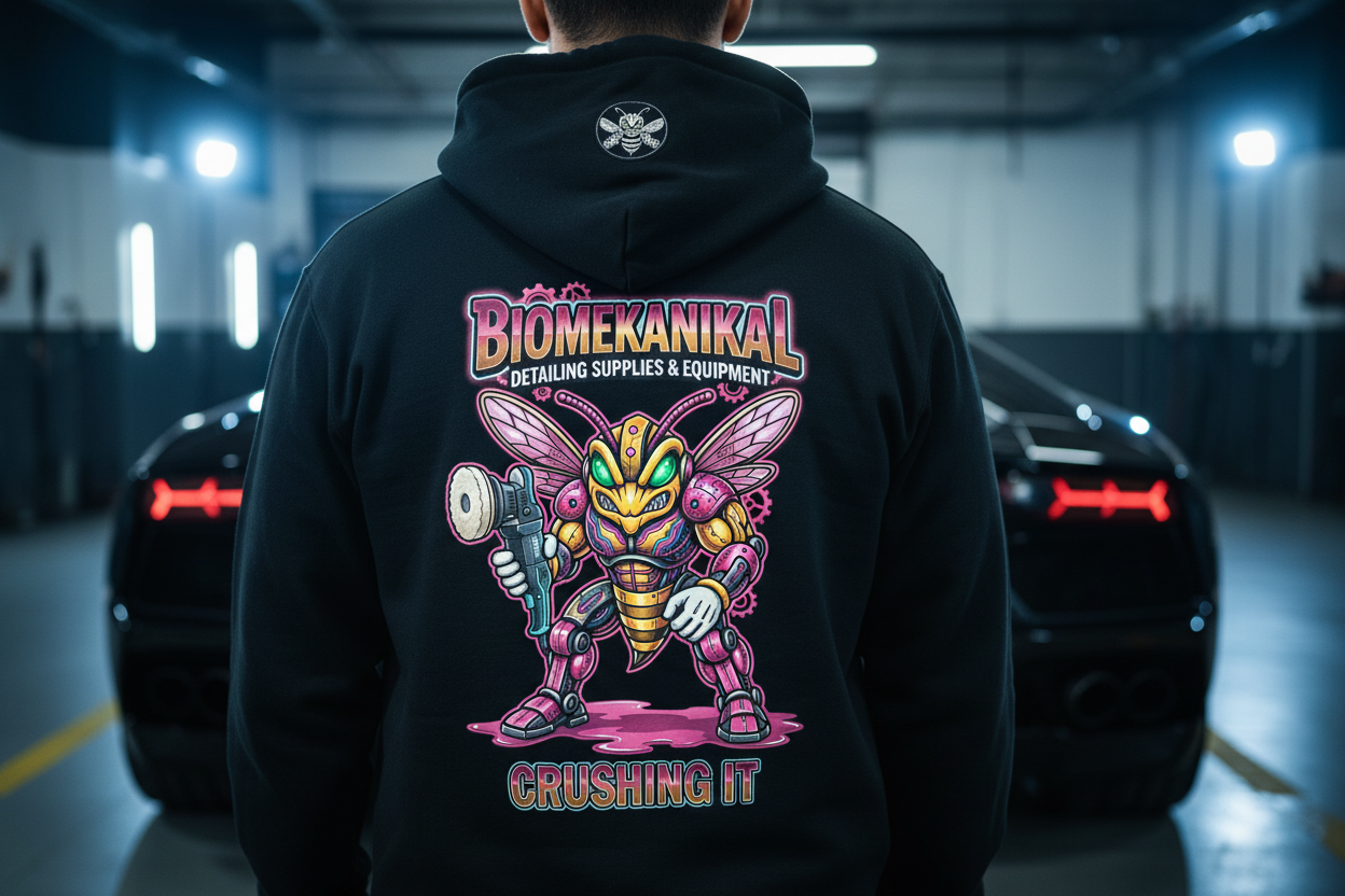 BIOMEKANIKAL Gear-Head black zip-up hoodie — pretty in pink back close-up | detailing lifestyle apparel