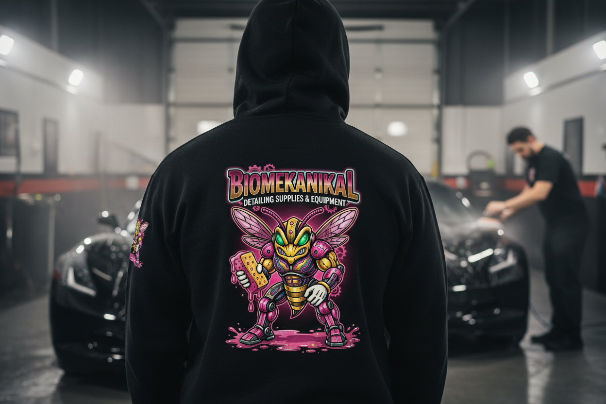 BIOMEKANIKAL Gear-Head black zip-up hoodie — golden sponge back graphic | detailing lifestyle apparel