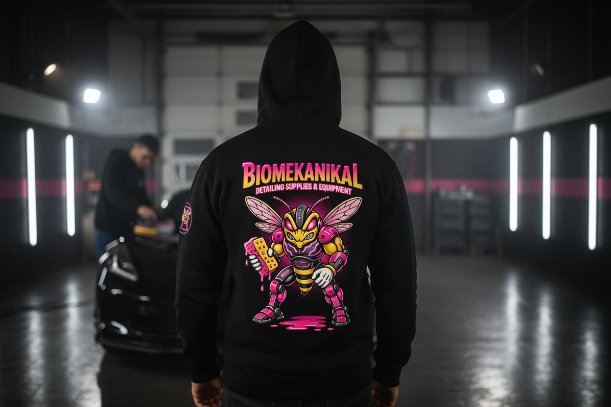 BIOMEKANIKAL Gear-Head black zip-up hoodie — pinked out garage back view | detailing lifestyle apparel