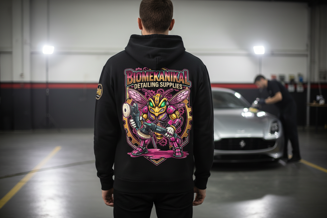 BIOMEKANIKAL Gear-Head black zip-up hoodie — five star back graphic | detailing lifestyle apparel