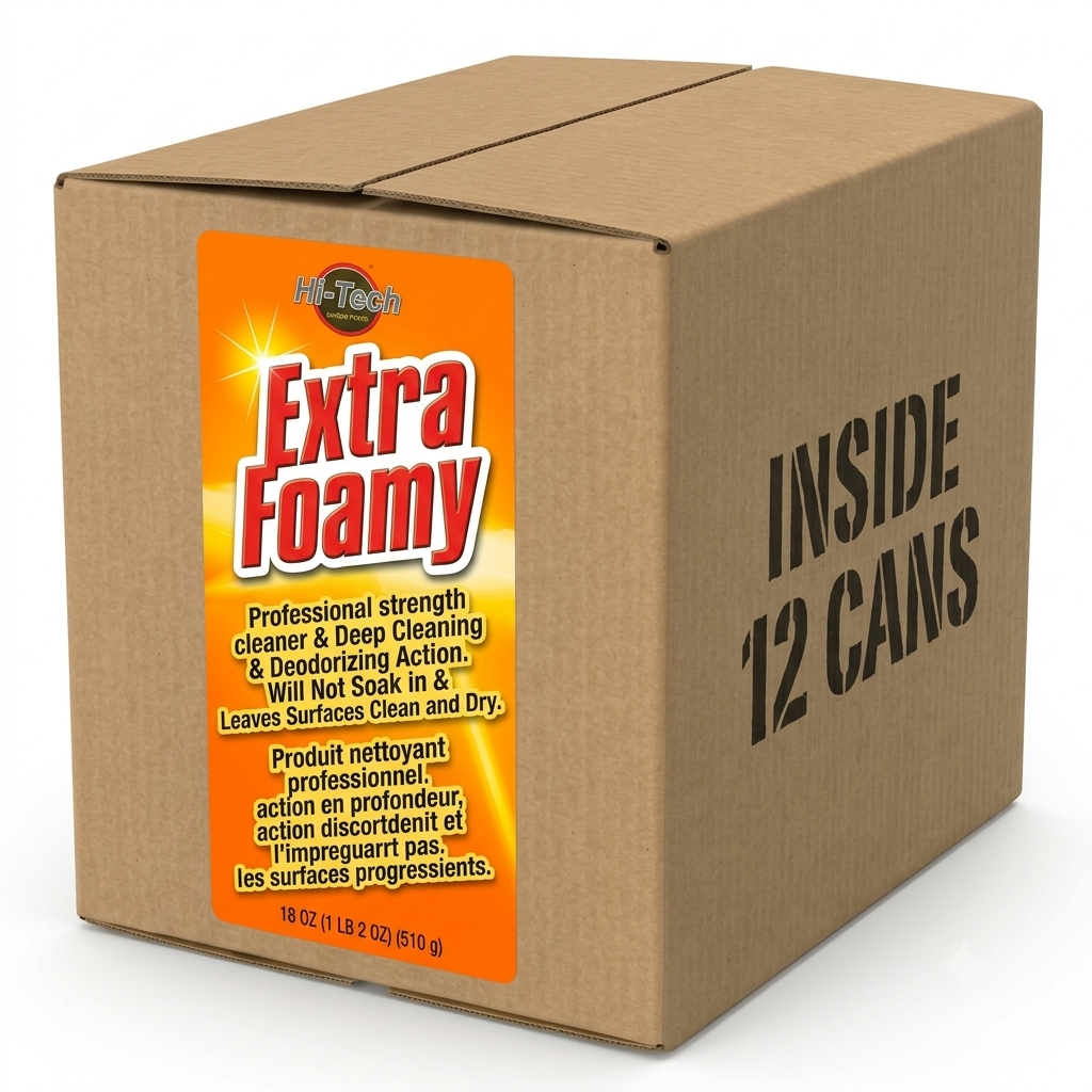 A brown cardboard box of Hi-Tech Extra Foamy cleaner, featuring a bright orange label with red and white text, and black text on the side reading 'INSIDE 12 CANS'.
