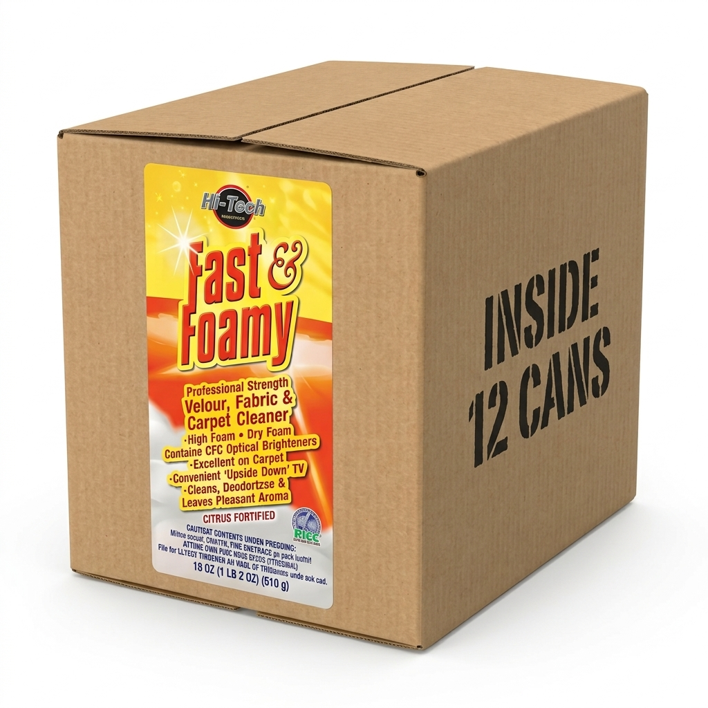 A large brown cardboard box for Hif-Tech Fast & Foamy Velour, Fabric & Carpet Cleaner, with a yellow and orange front label and black text reading 'INSIDE 12 CANS' on the side, photographed on a white background.